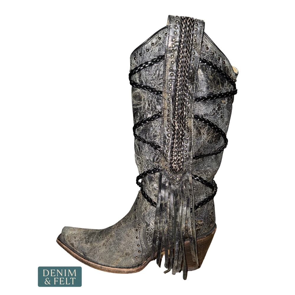 NEW Corral Brittney Fringe Braided Snip Toe Western Cowgirl Boots Grey‎ Black 6